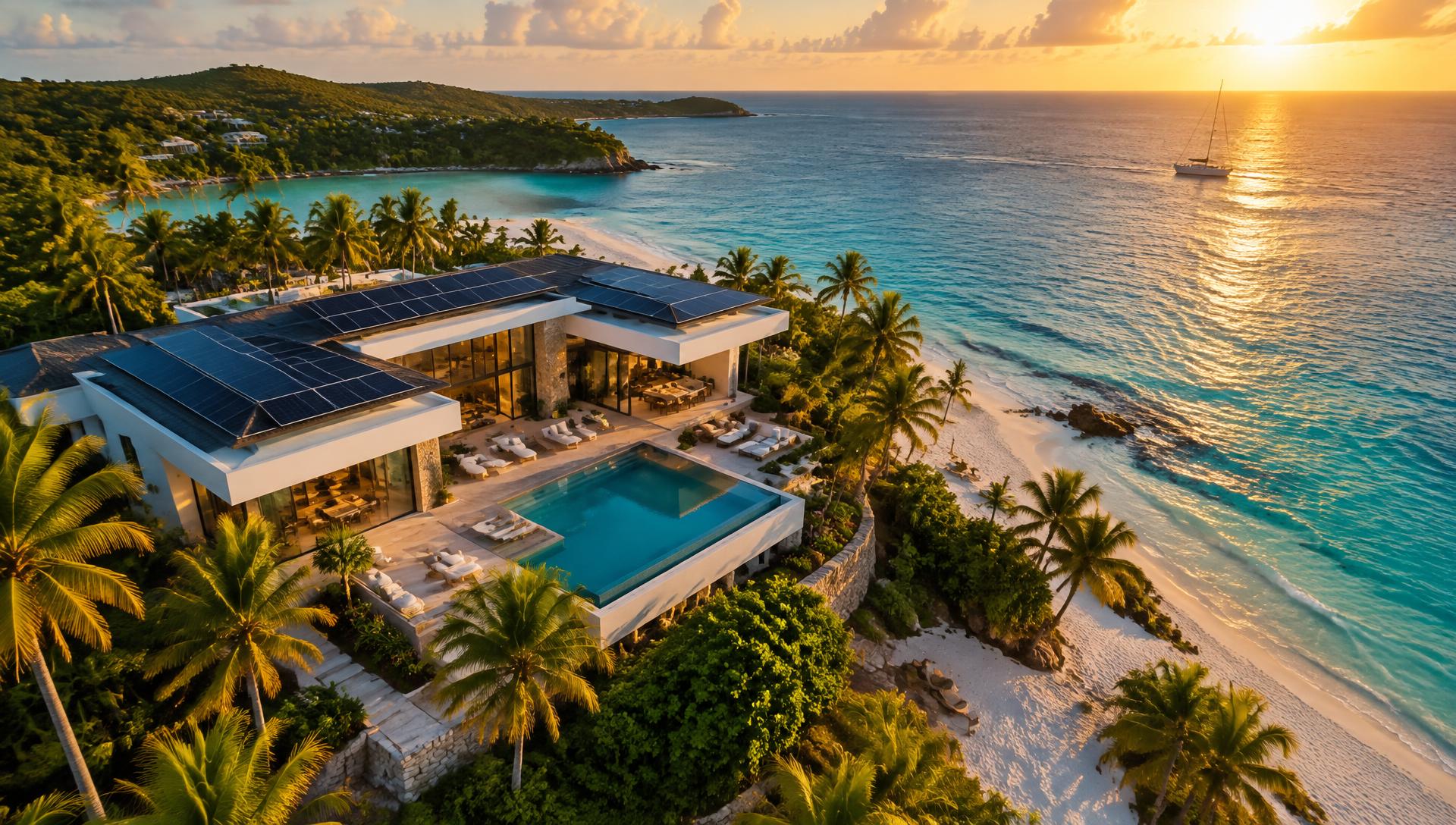 Caribbean villa with rooftop solar panels at sunset